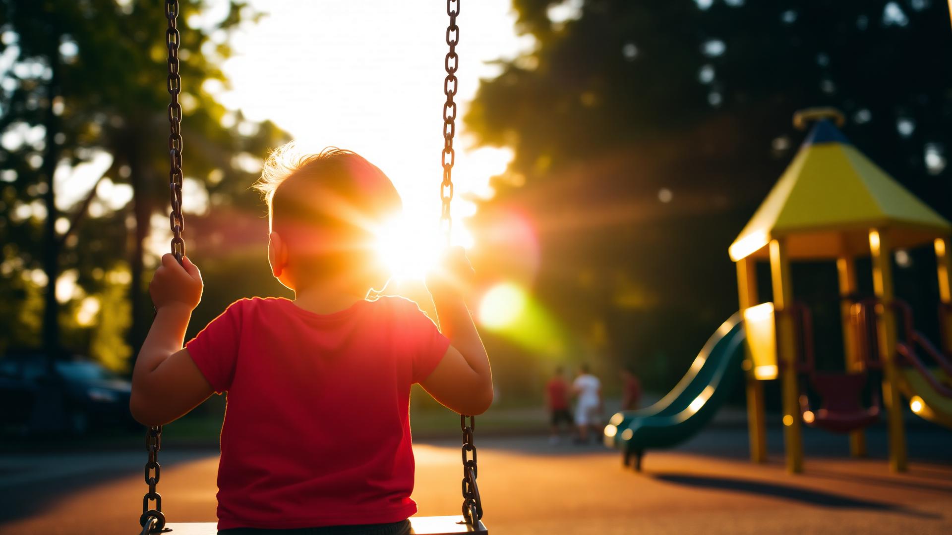 Child on a playground swing at sunset